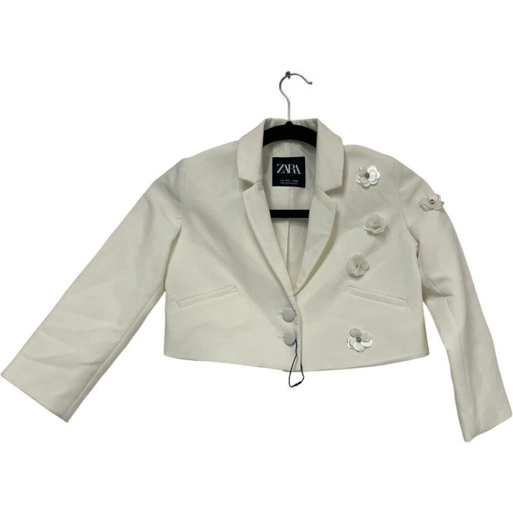 Zara Girls Blazer Size 6-7 yrs White Floral Embellished Cropped 1437/615 NWOT